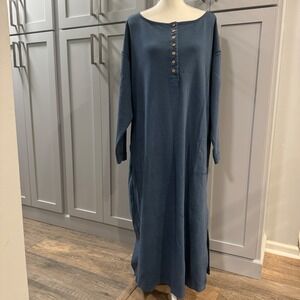 Free People FP Beach Blue Cotton Long Sleeve Henley Maxi Dress M Made in USA